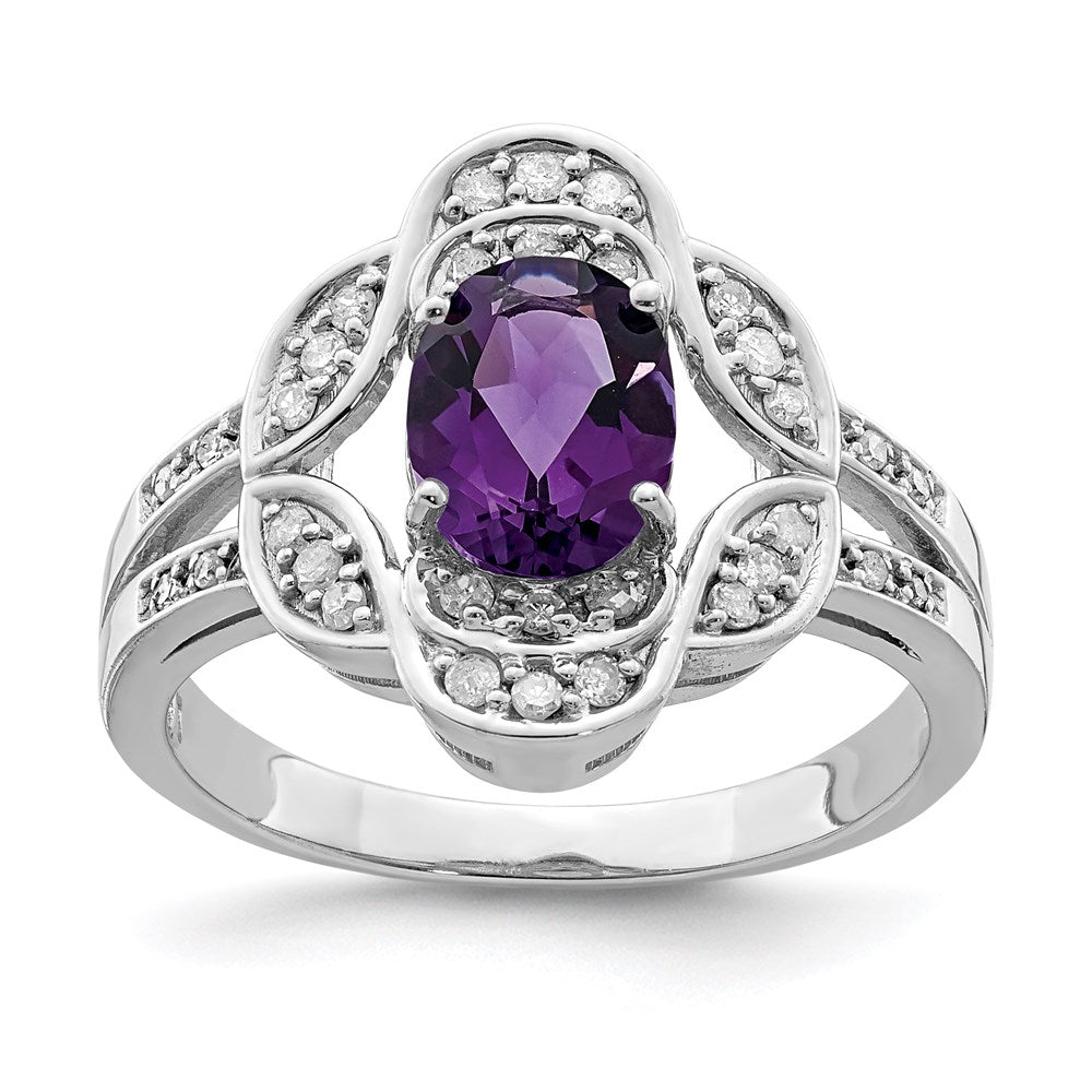 Rhodium-Plated Oval Amethyst & Diamond Ring in Sterling Silver