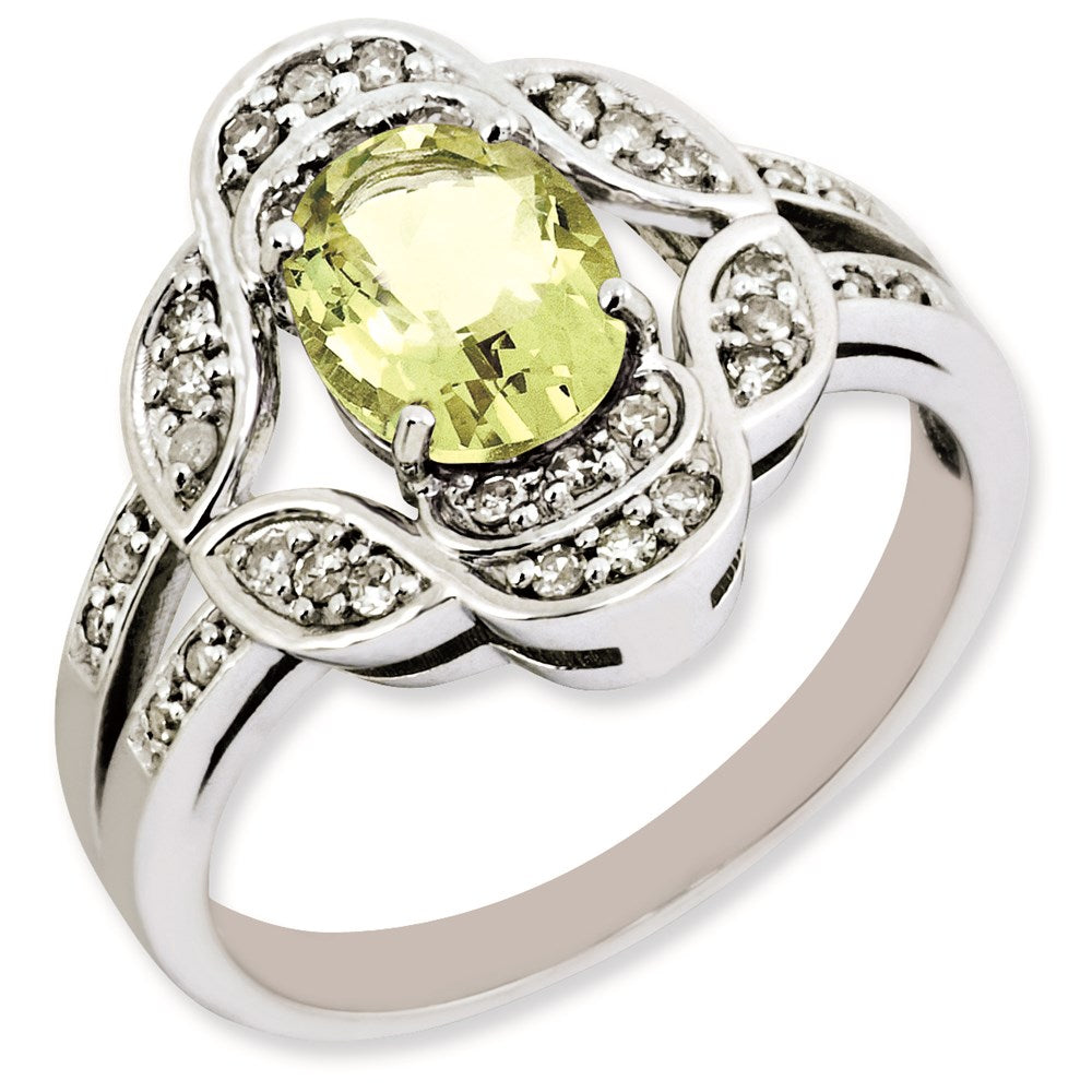 Rhodium-Plated Oval Diamond & Lemon Quartz Ring in Sterling Silver