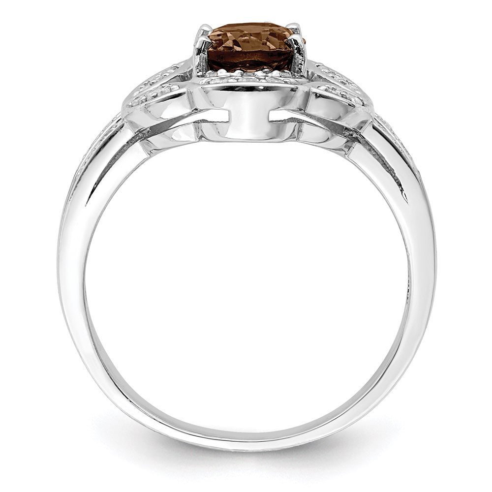 Rhodium Oval Diamond & Smoky Quartz Ring in Sterling Silver