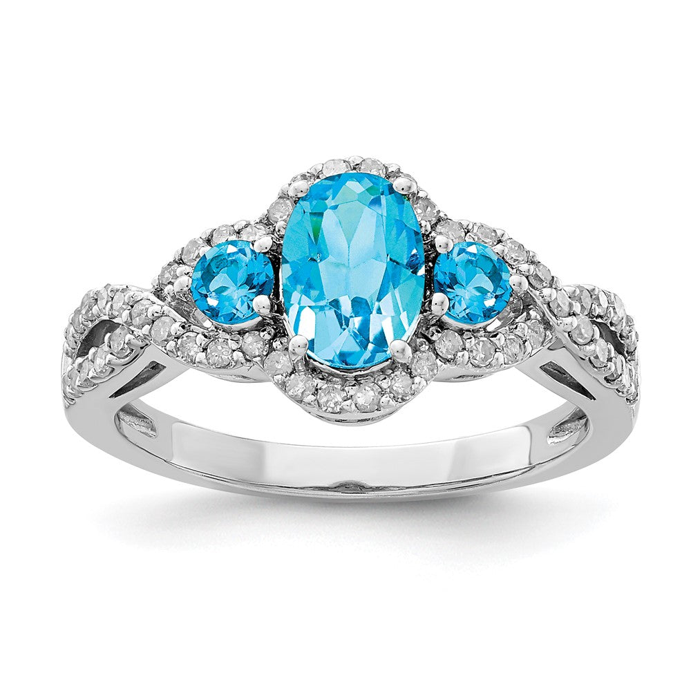 Rhodium Oval Blue Topaz & Diamond Ring in Sterling Silver