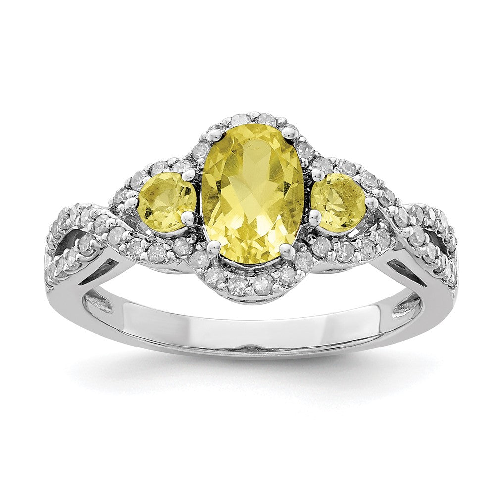 Rhodium Oval Diamond & Lemon Quartz Ring in Sterling Silver