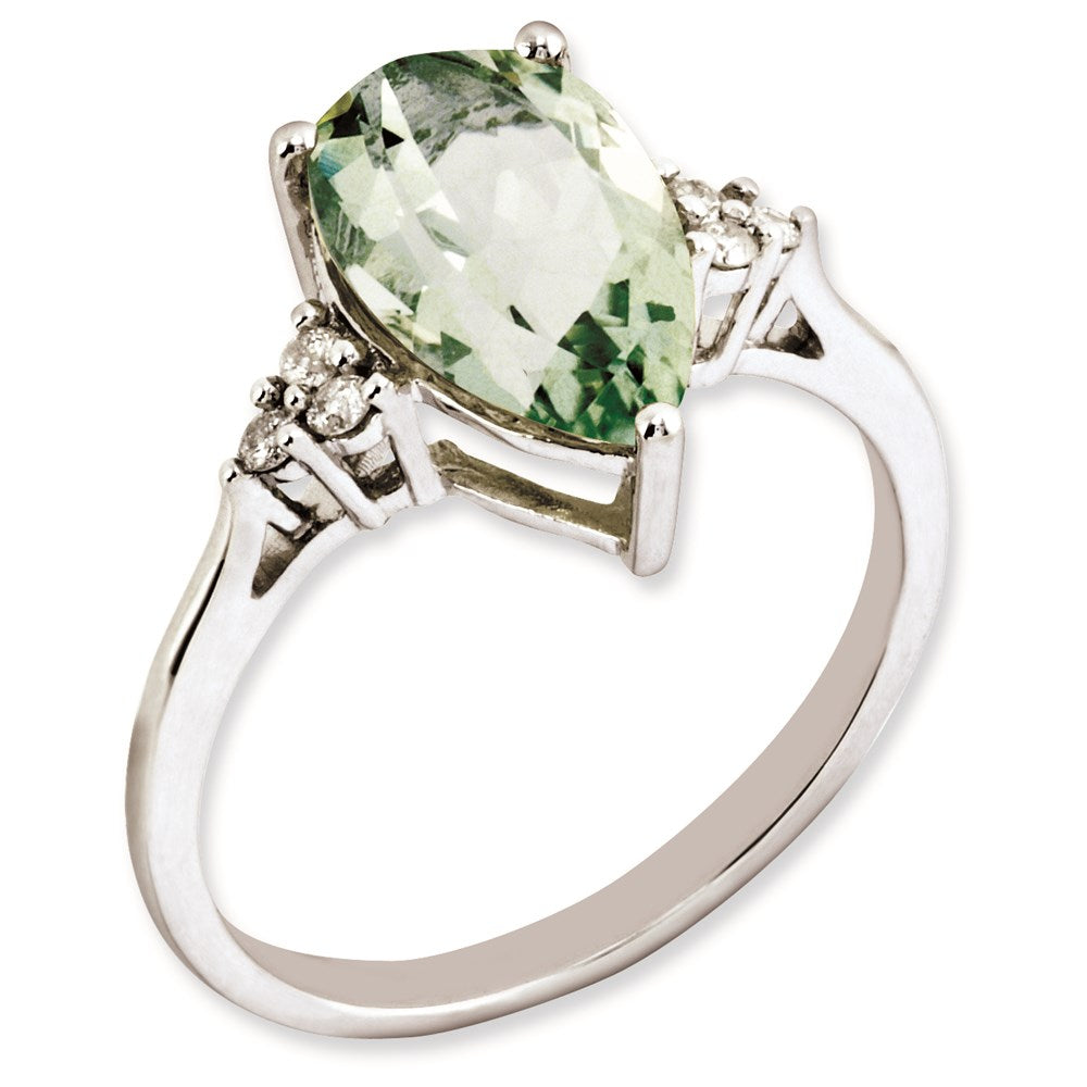 Rhodium-Plated Diamond & Green Quartz Ring in Sterling Silver