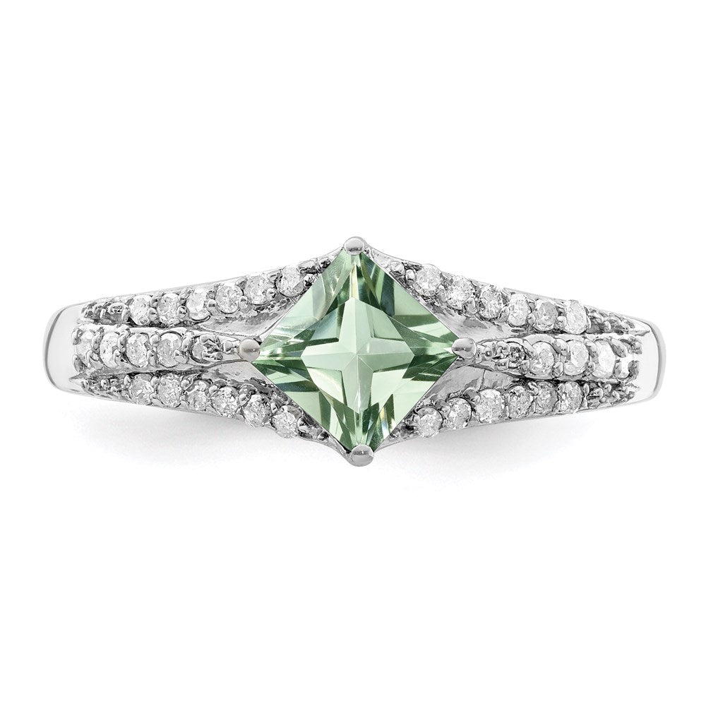 Rhodium Green Quartz & Diamond Ring in Sterling Silver