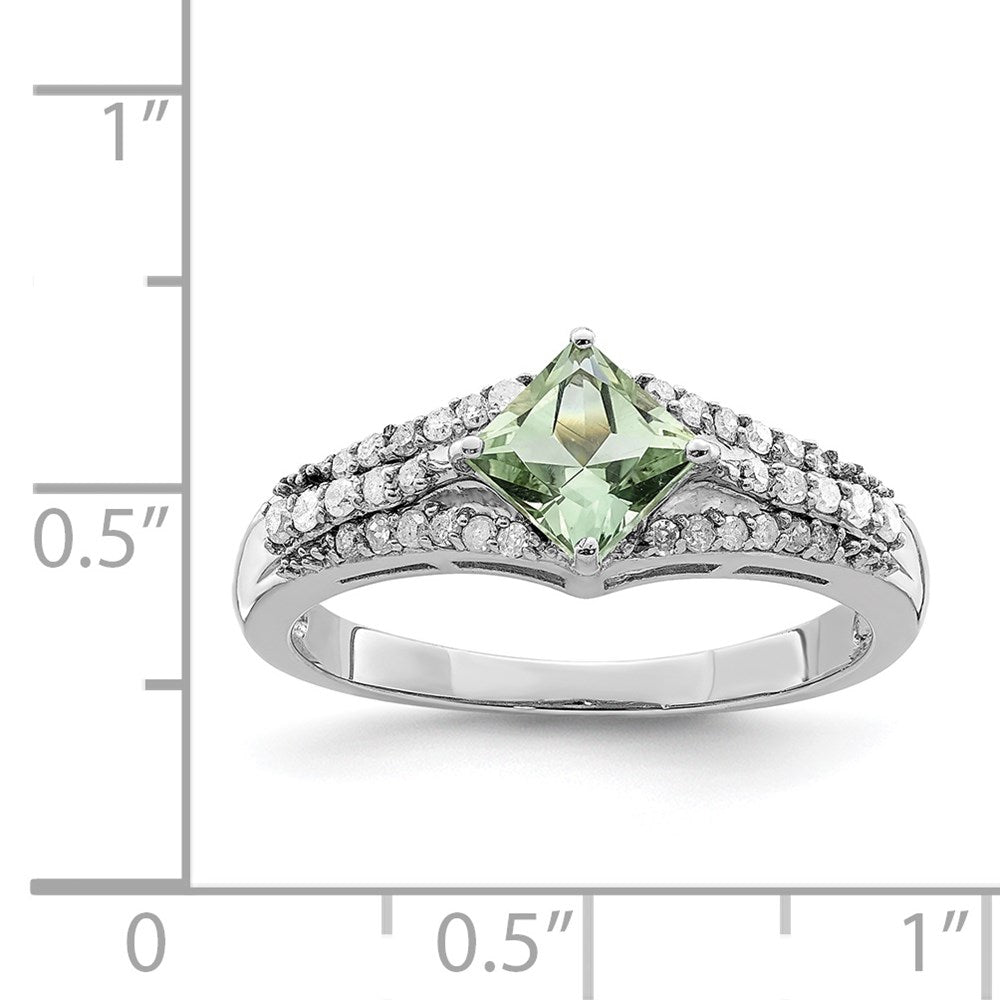 Rhodium Green Quartz & Diamond Ring in Sterling Silver