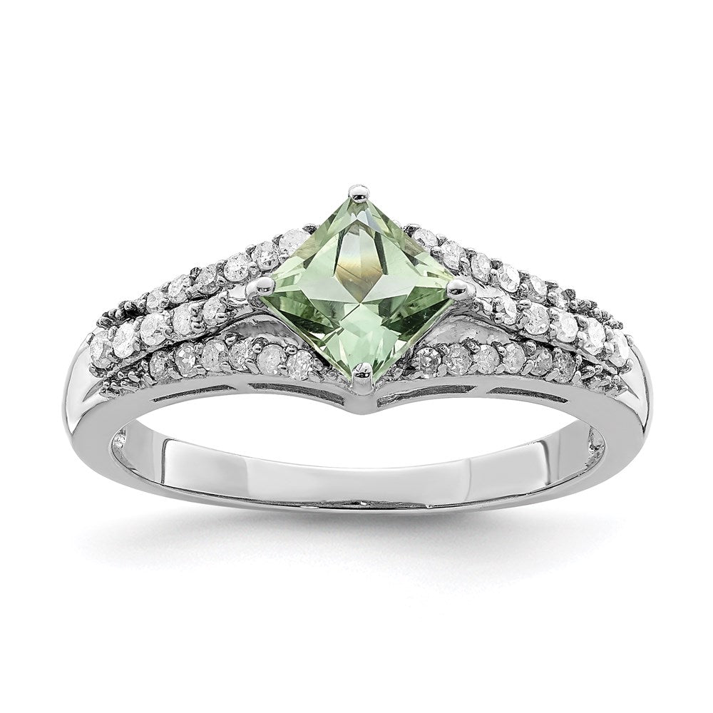 Rhodium Green Quartz & Diamond Ring in Sterling Silver