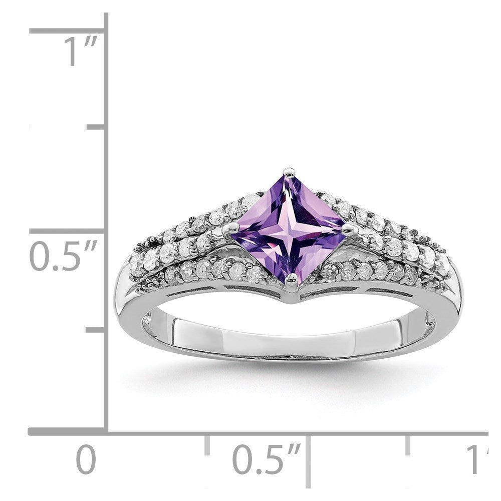 Rhodium-Plated Diamond & Amethyst Ring in Sterling Silver