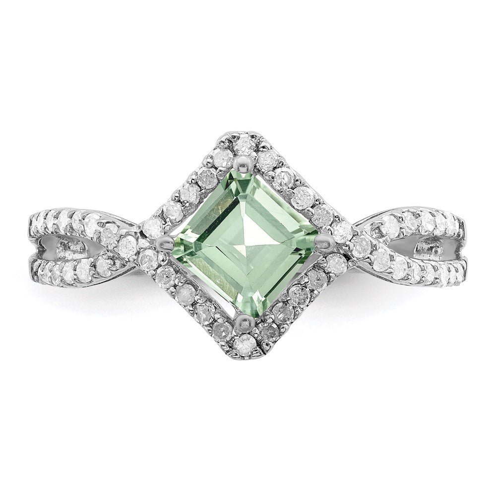 Rhodium Green Quartz & Diamond Ring in Sterling Silver