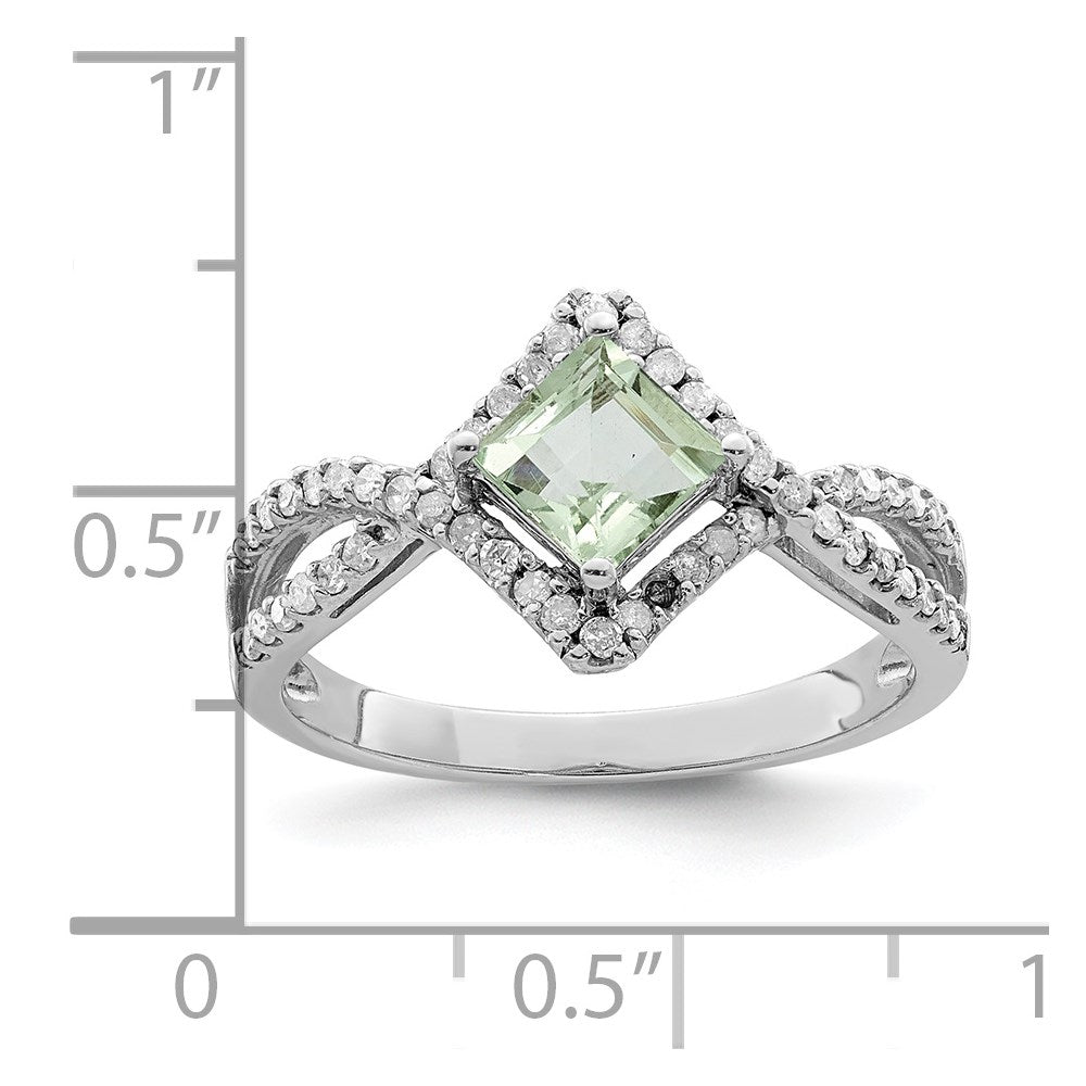 Rhodium Green Quartz & Diamond Ring in Sterling Silver