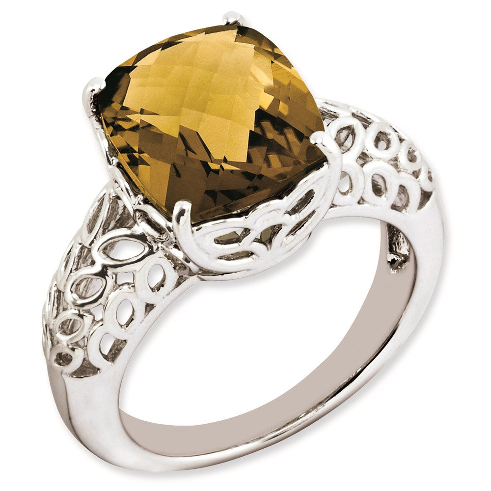 Rhodium-Plated Checker-Cut Whiskey Quartz Ring in Sterling Silver