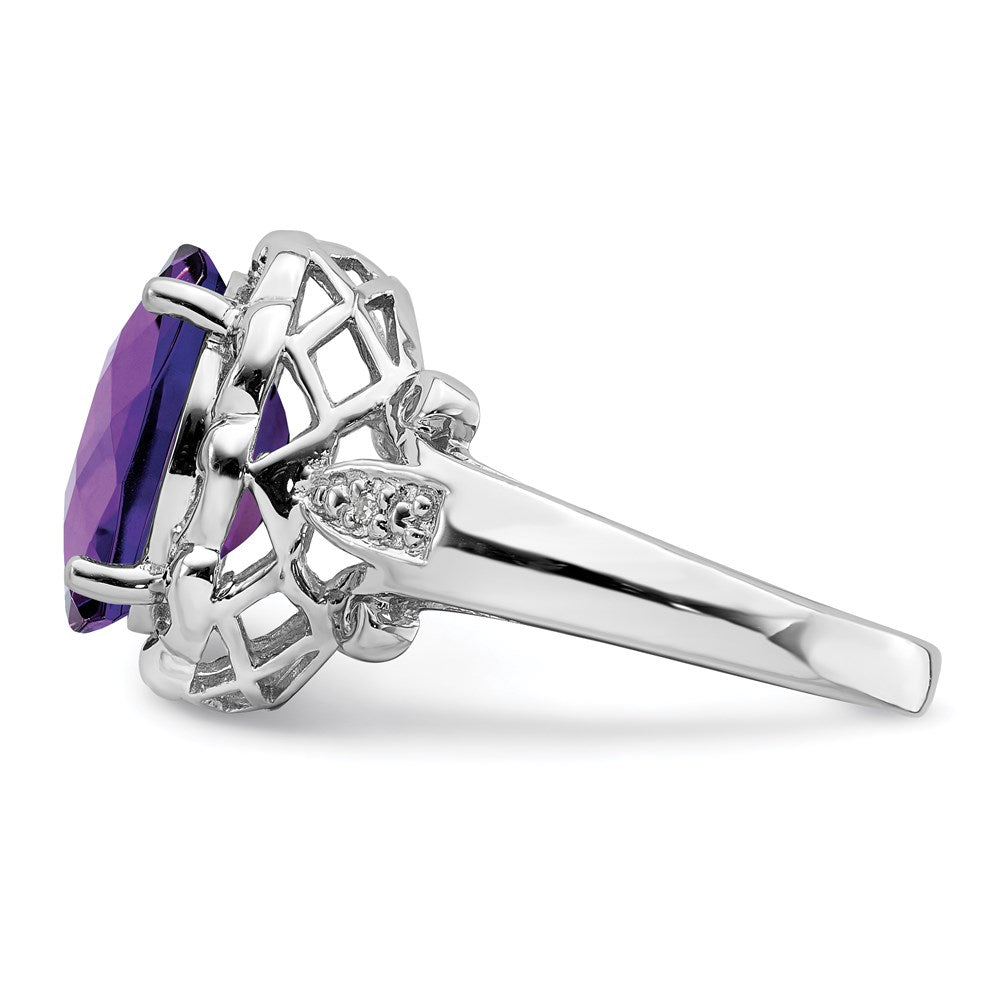 Rhodium Oval Checker-Cut Amethyst & Diamond Ring in Sterling Silver