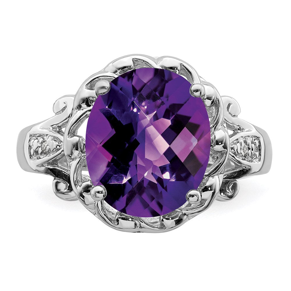 Rhodium Oval Checker-Cut Amethyst & Diamond Ring in Sterling Silver