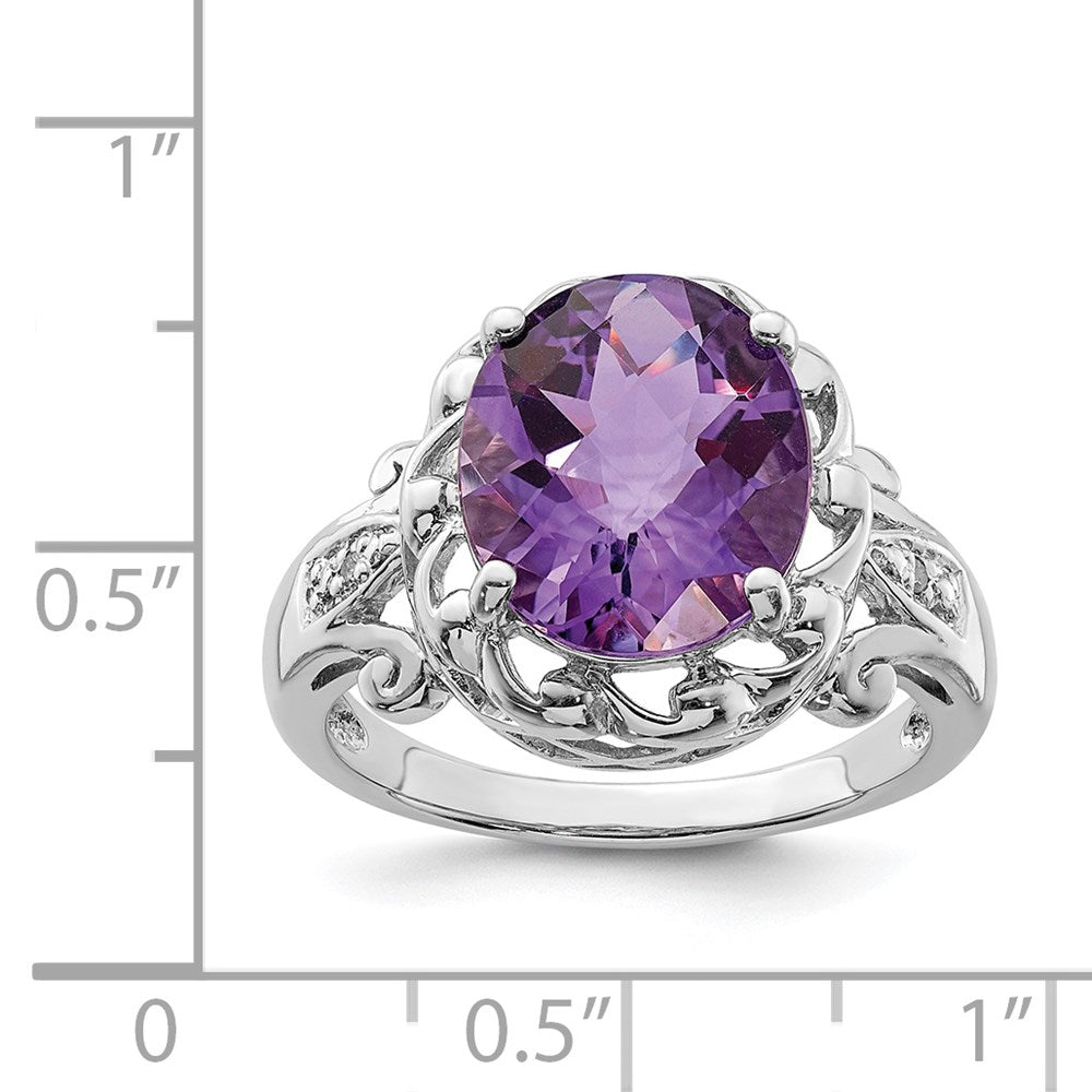 Rhodium Oval Checker-Cut Amethyst & Diamond Ring in Sterling Silver