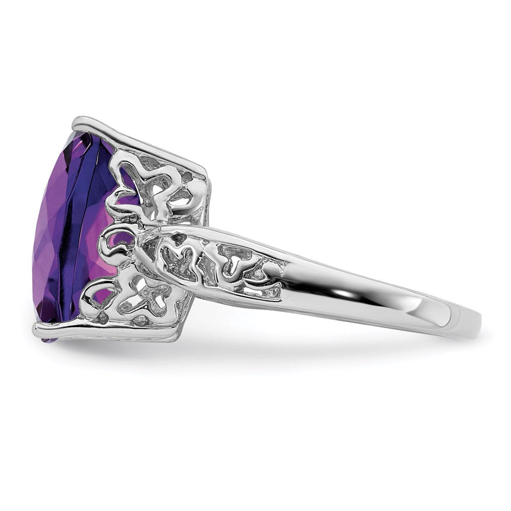 Rhodium-Plated Checker-Cut Amethyst Ring in Sterling Silver