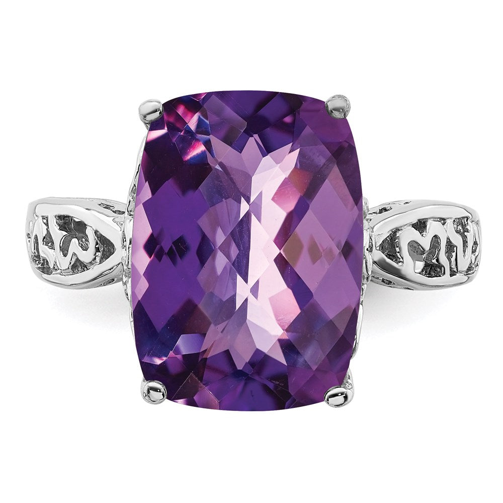 Rhodium-Plated Checker-Cut Amethyst Ring in Sterling Silver