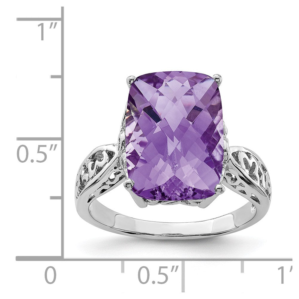 Rhodium-Plated Checker-Cut Amethyst Ring in Sterling Silver