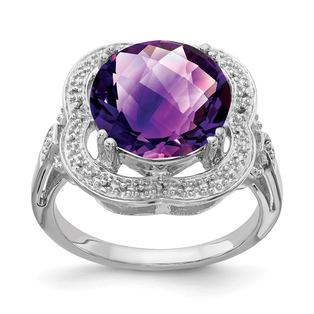 Rhodium-Plated Checker-Cut Amethyst Ring in Sterling Silver