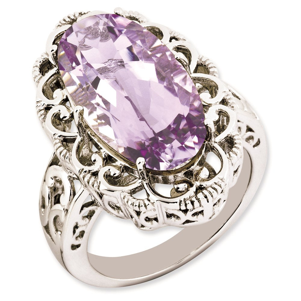 Rhodium-Plated Oval Pink Quartz Ring in Sterling Silver