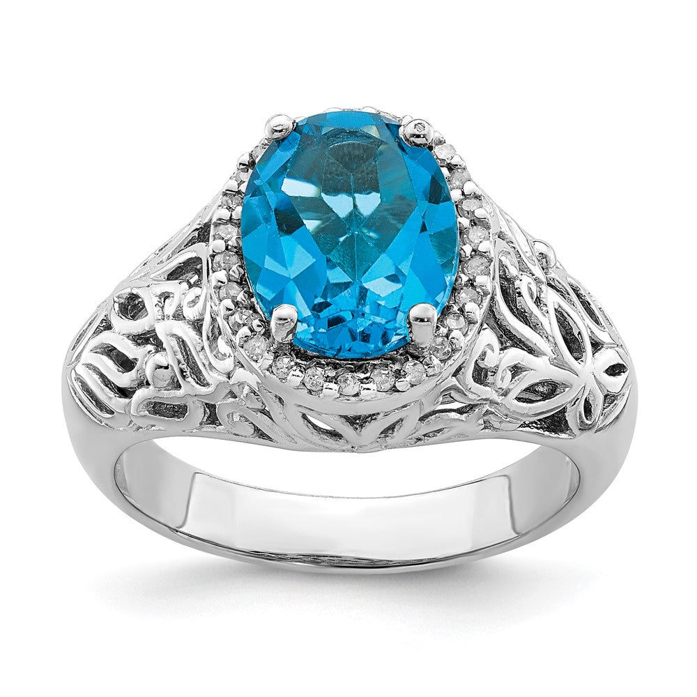 Rhodium Oval Swiss Blue Topaz & Diamond Ring in Sterling Silver