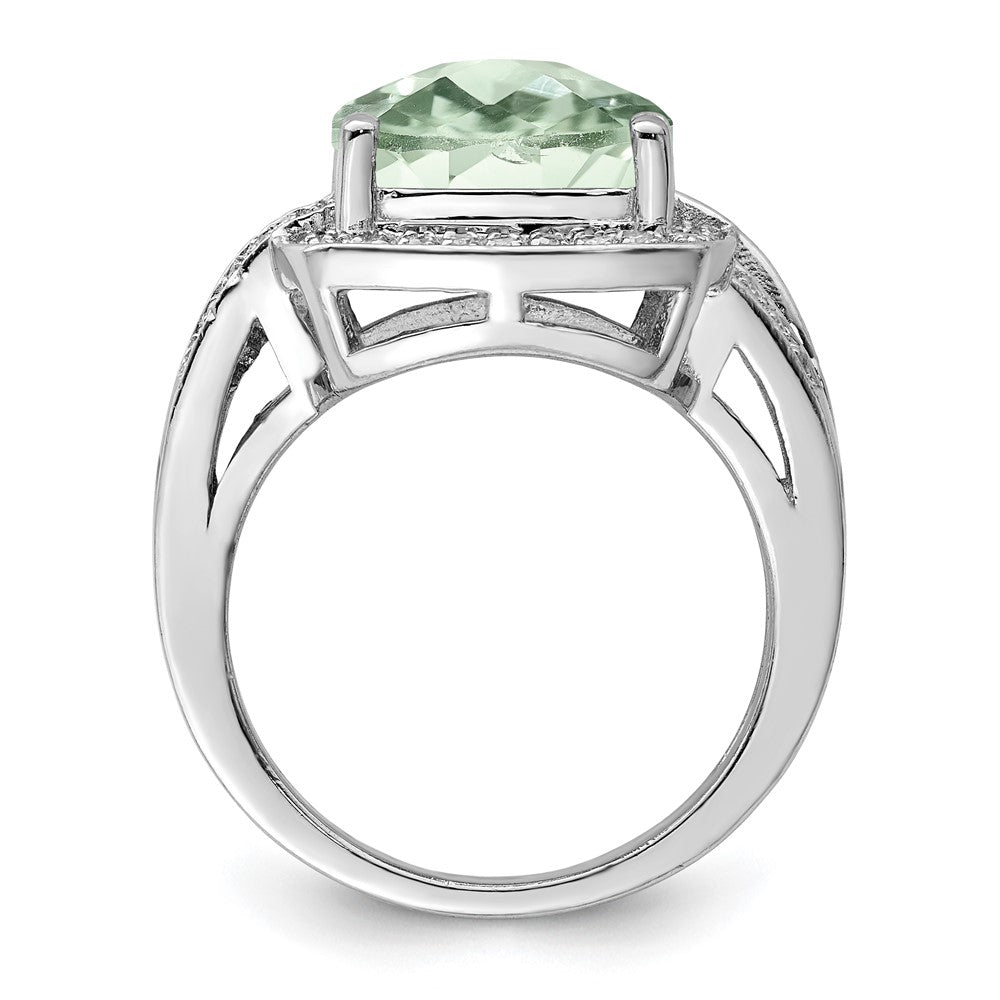 Rhodium Checker-Cut Green Quartz & Diamond Ring in Sterling Silver