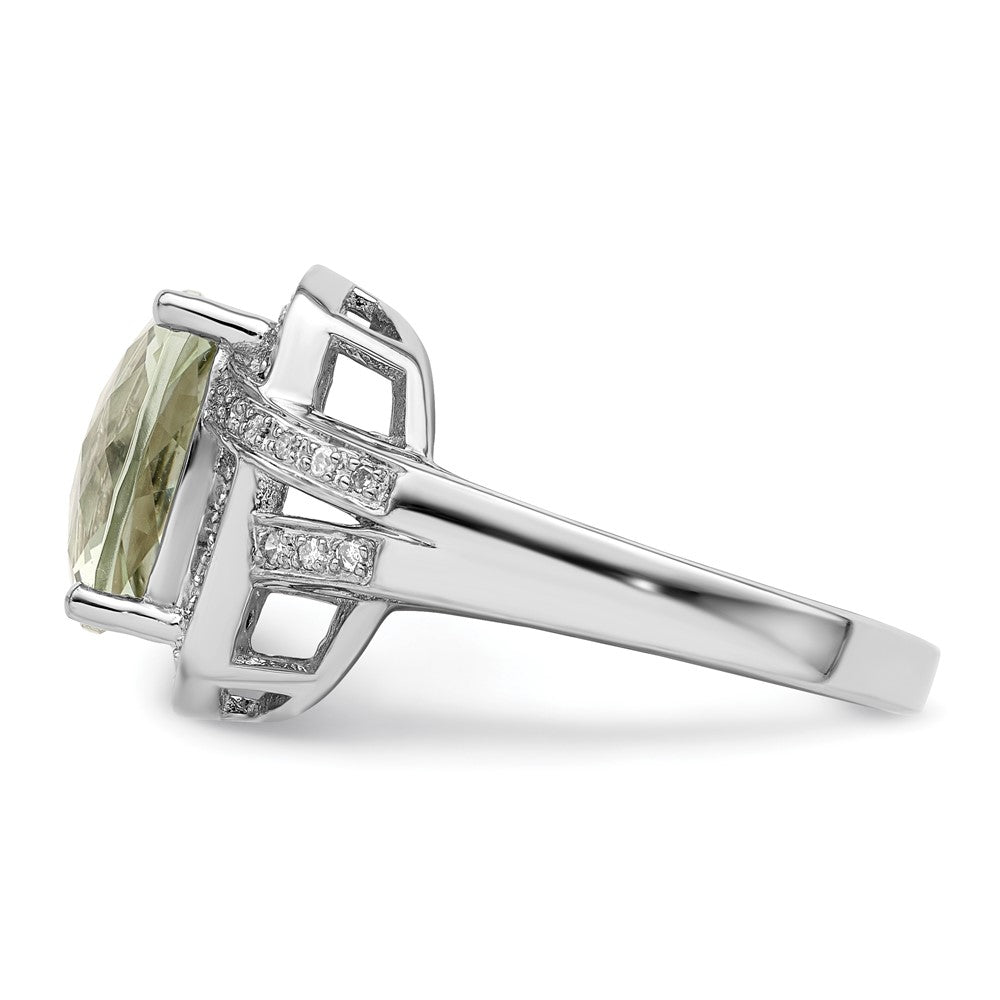 Rhodium Checker-Cut Green Quartz & Diamond Ring in Sterling Silver