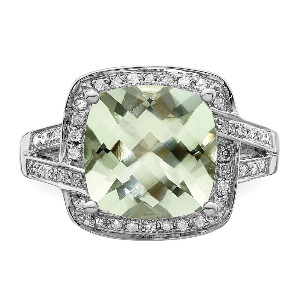 Rhodium Checker-Cut Green Quartz & Diamond Ring in Sterling Silver