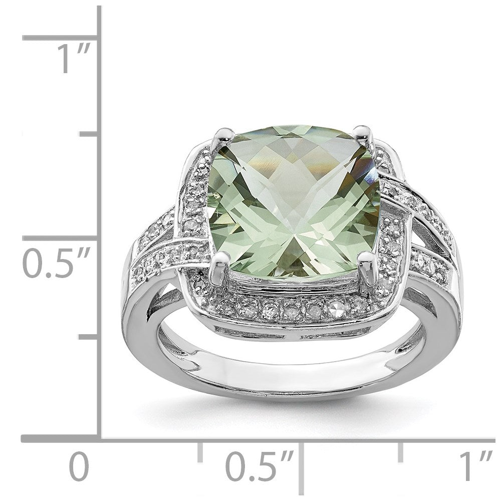 Rhodium Checker-Cut Green Quartz & Diamond Ring in Sterling Silver