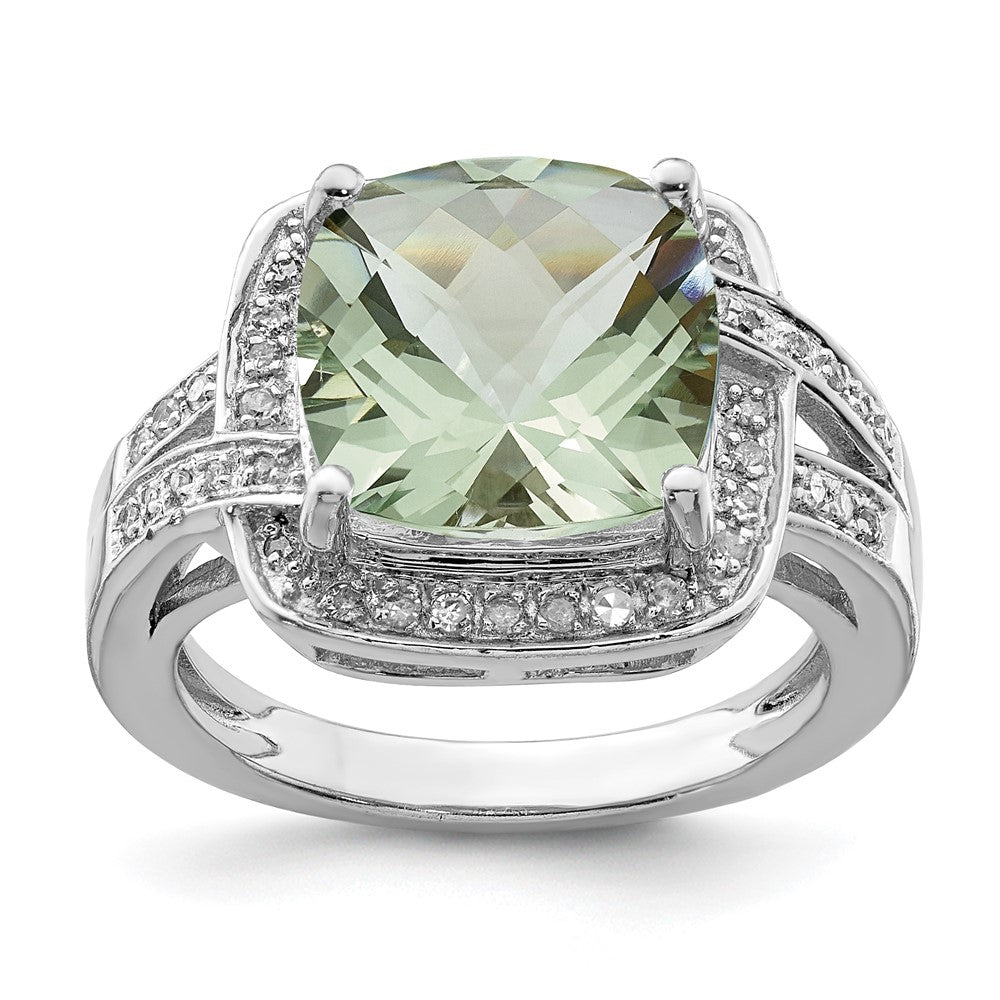 Rhodium Checker-Cut Green Quartz & Diamond Ring in Sterling Silver