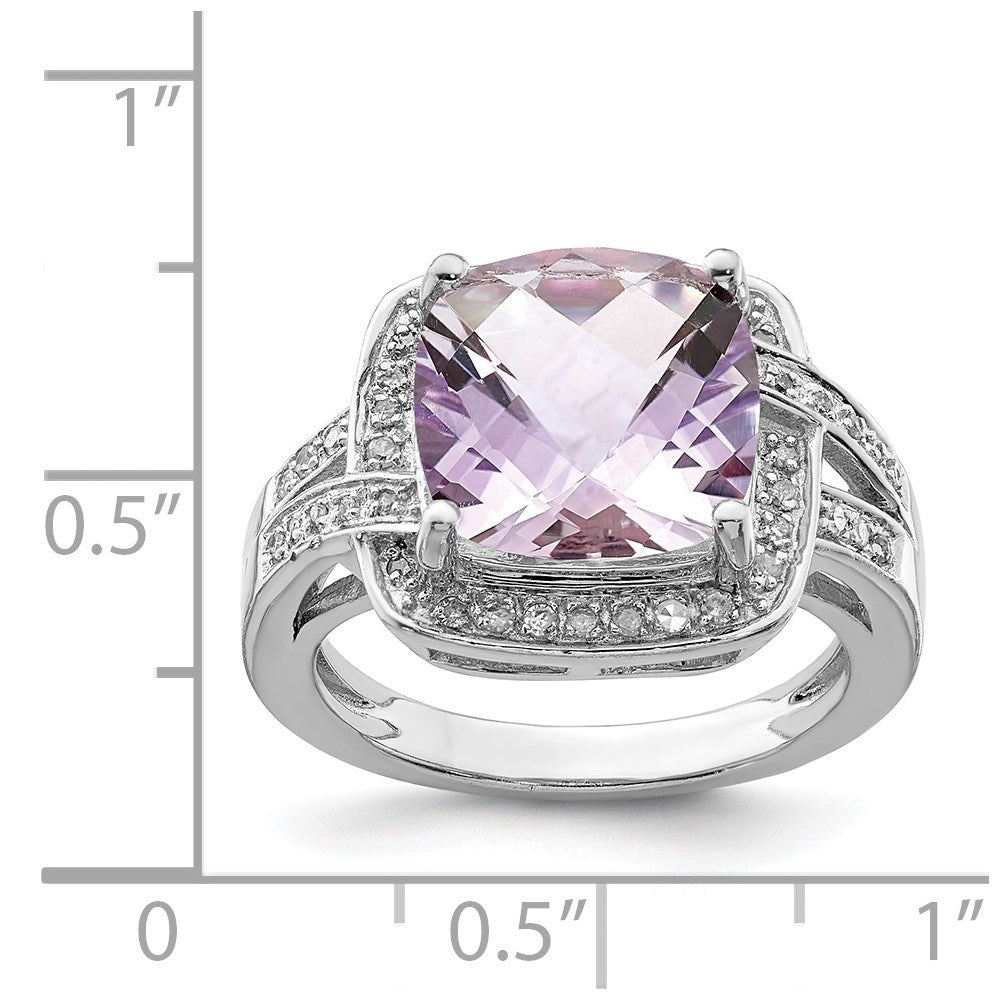 Rhodium Checker-Cut Pink Quartz & Diamond Ring in Sterling Silver