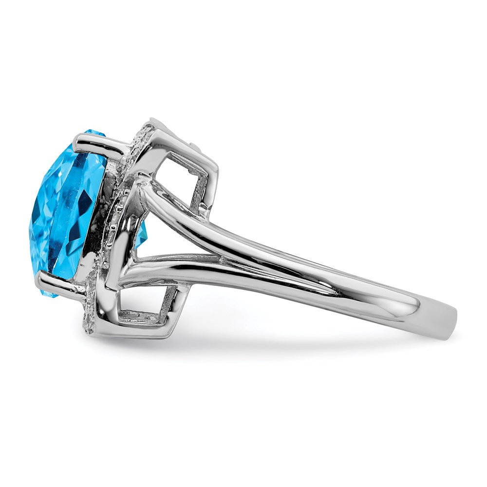Rhodium Checker-Cut Swiss Blue Topaz & Diamond Ring in Sterling Silver