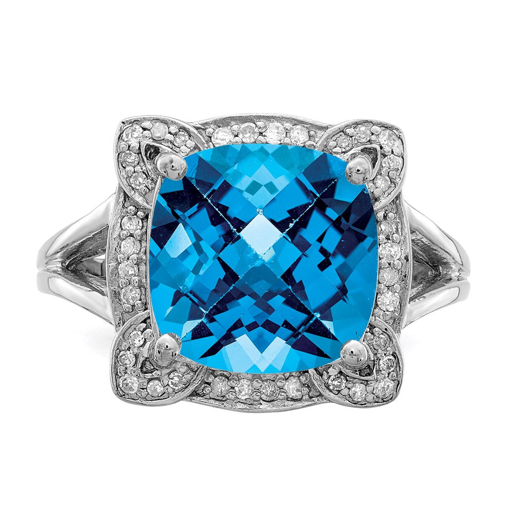 Rhodium Checker-Cut Swiss Blue Topaz & Diamond Ring in Sterling Silver