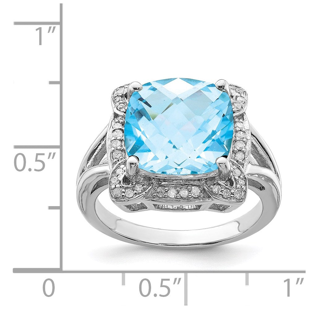 Rhodium Checker-Cut Swiss Blue Topaz & Diamond Ring in Sterling Silver