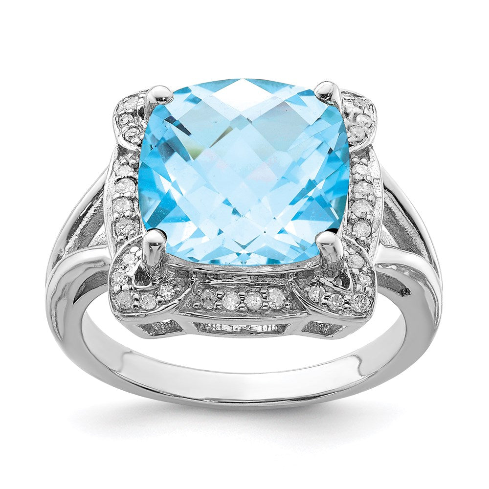 Rhodium Checker-Cut Swiss Blue Topaz & Diamond Ring in Sterling Silver