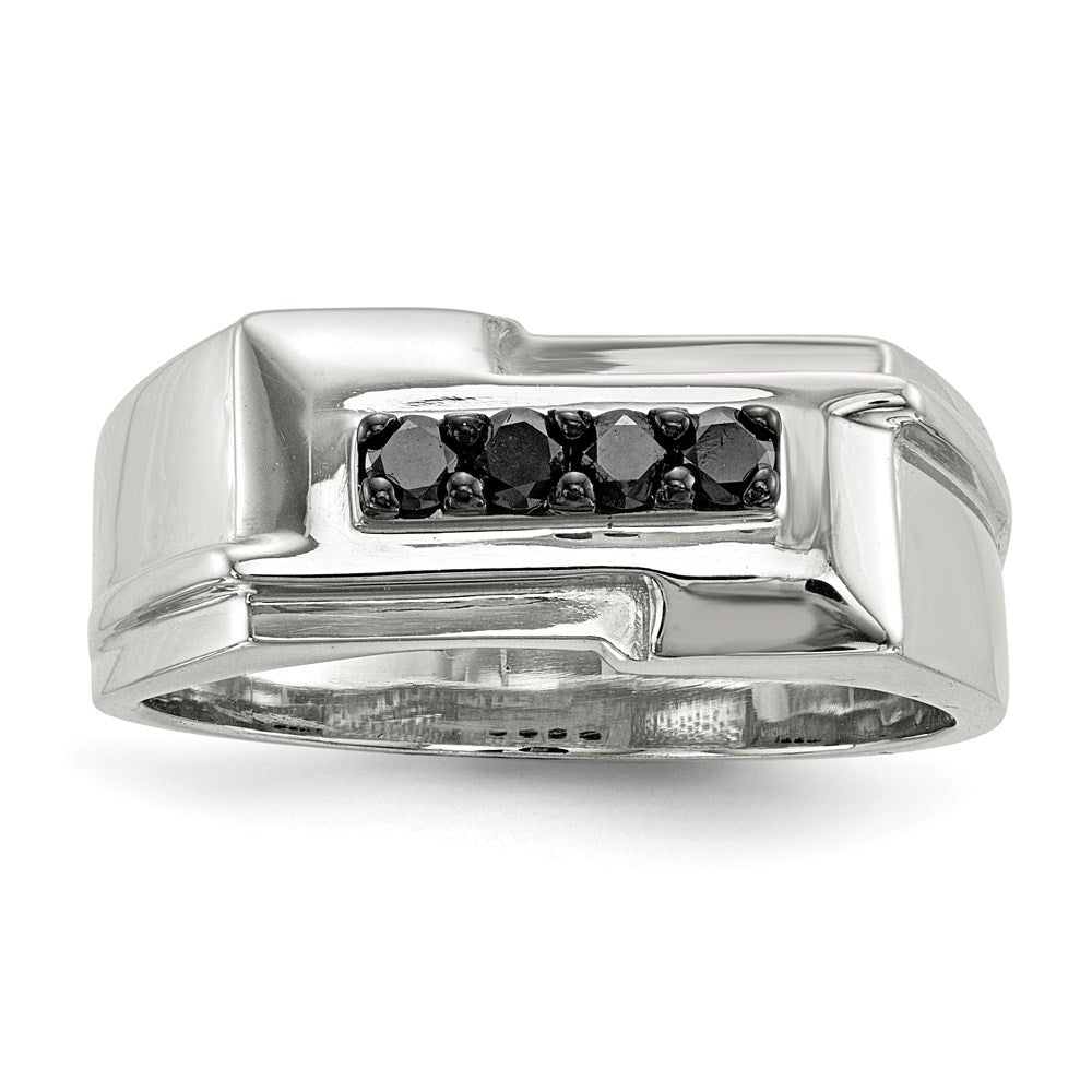 Rhodium-Plated Mens Black Diamond Polished Ring in Sterling Silver