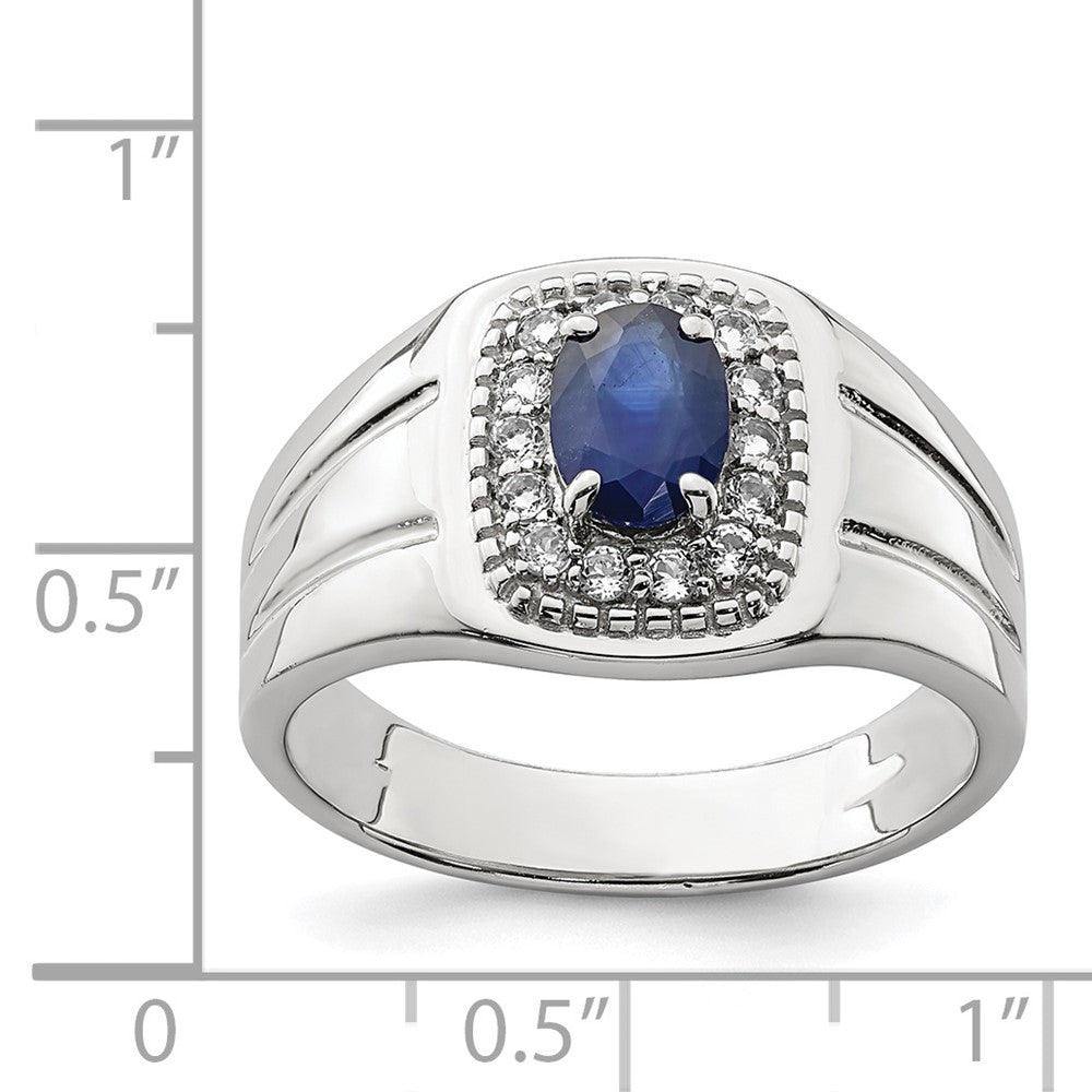 Rhod-Plated Men's Blue Sapphire & White Topaz Ring in Sterling Silver