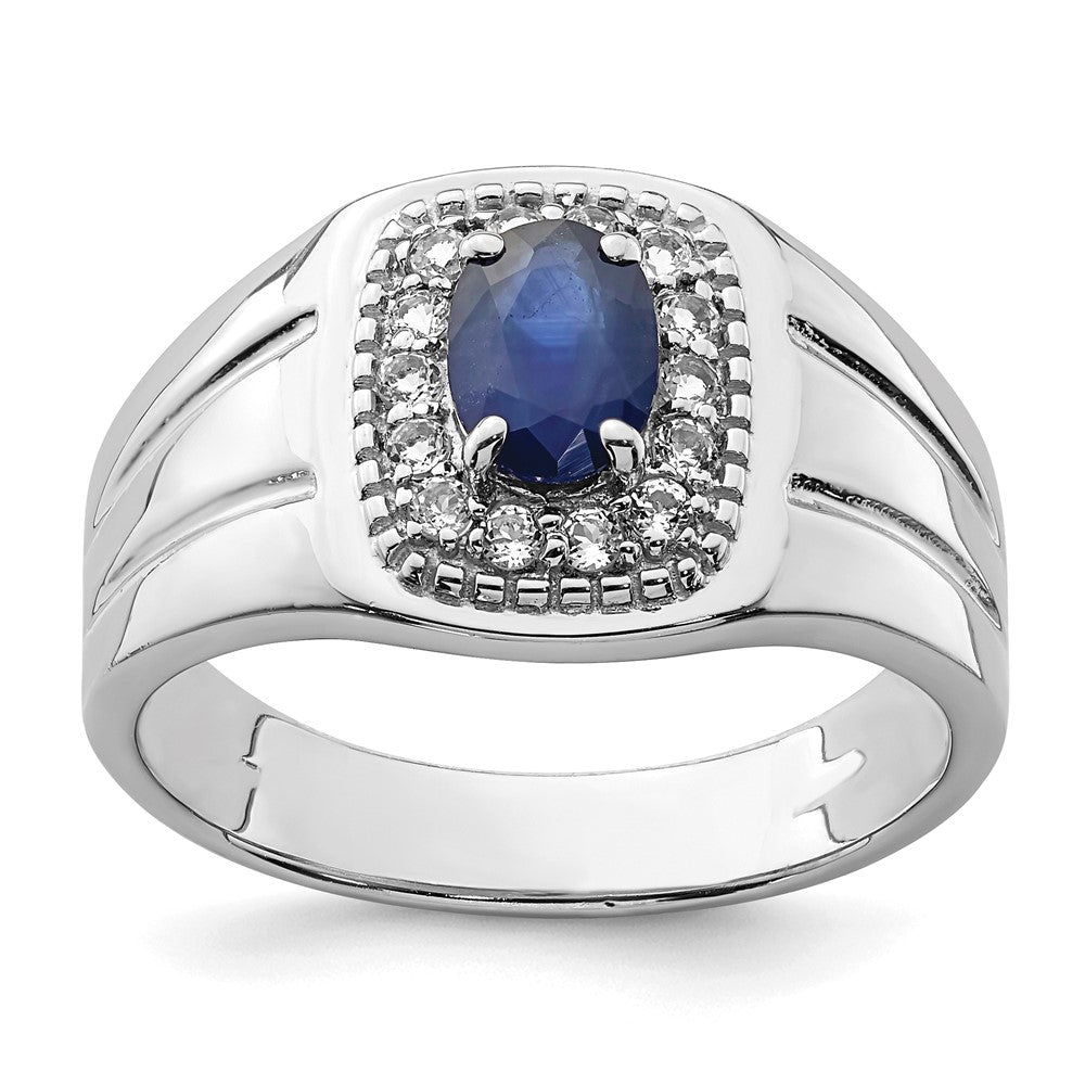 Rhod-Plated Men's Blue Sapphire & White Topaz Ring in Sterling Silver
