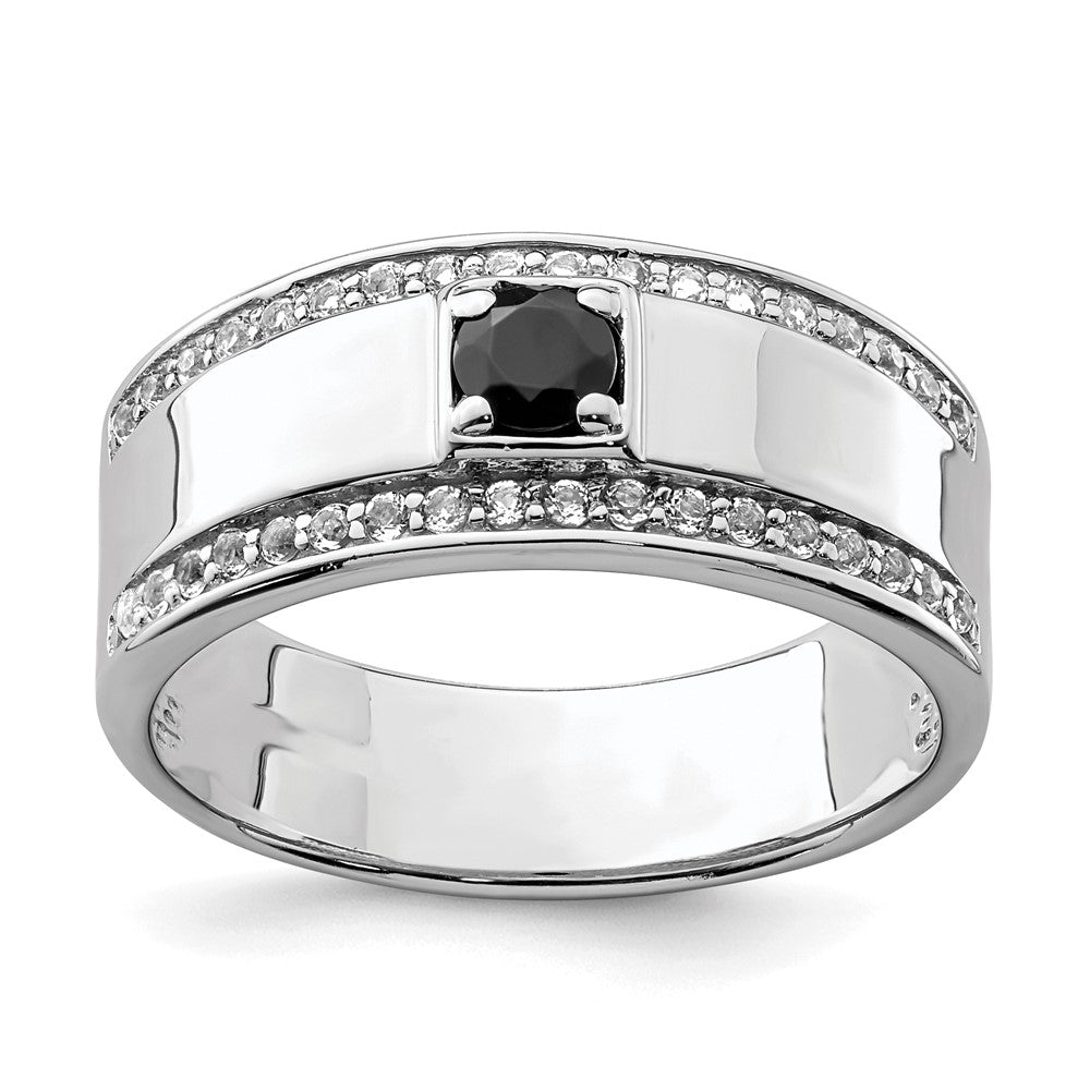Rhodium-Plated Men's Onyx & White Topaz Ring in Sterling Silver
