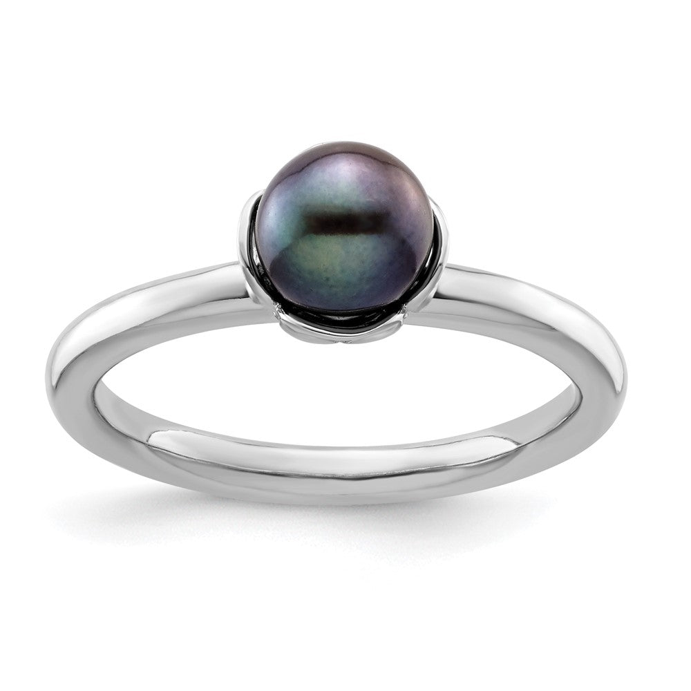 Stack Exp. Polished Black Freshwater Cultured Pearl Ring in Sterling Silver