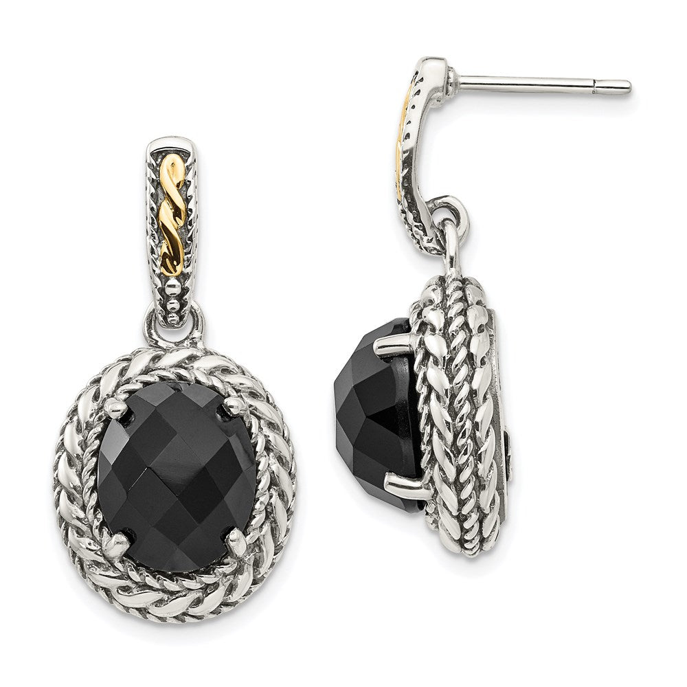 Shey Couture Sterling Silver with 14k Accent Antiqued Checkerboard-cut Black Onyx Post Dangle Earrings