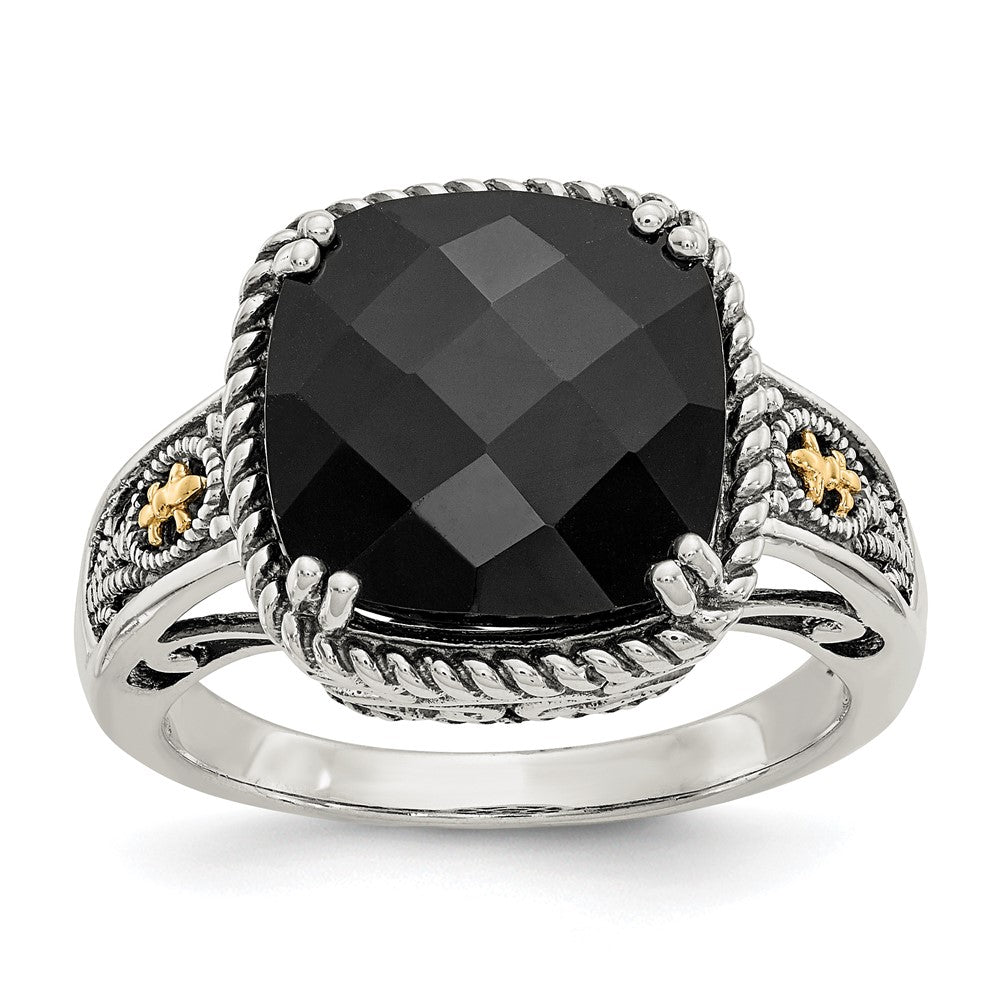 Shey Couture Sterling Silver with 14k Accent Antiqued Checkerboard-cut Black Onyx Ring