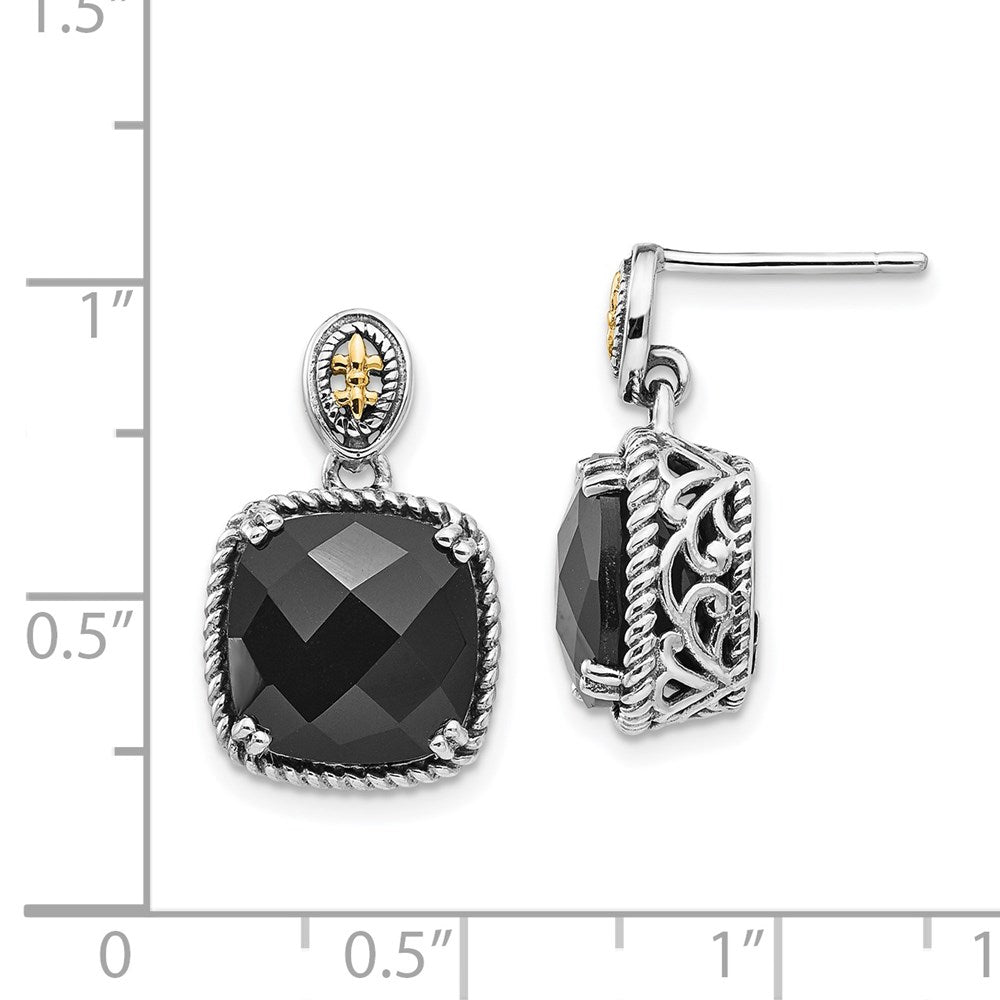 Shey Couture Sterling Silver with 14k Accent Antiqued Checkerboard-cut Black Onyx Dangle Post Earrings