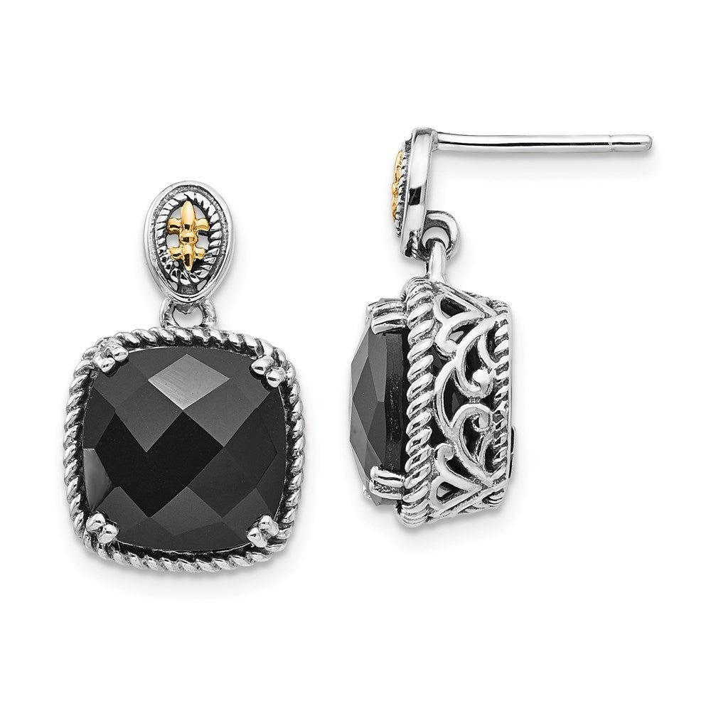 Shey Couture Sterling Silver with 14k Accent Antiqued Checkerboard-cut Black Onyx Dangle Post Earrings