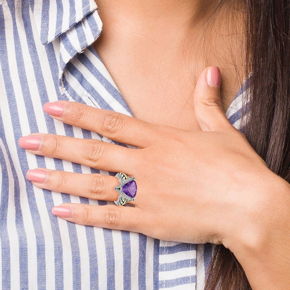 Shey Couture Sterling Silver with 14k Accent Antiqued Trillion Amethyst & Diamond Ring