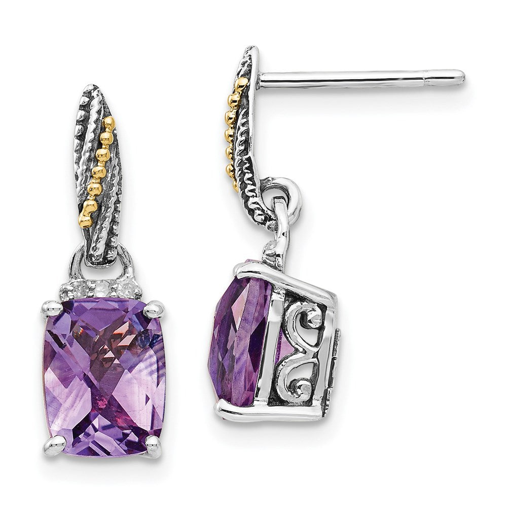 Shey Couture Sterling Silver with 14k Accent Antiqued Diamond & Cushion Amethyst Dangle Post Earrings