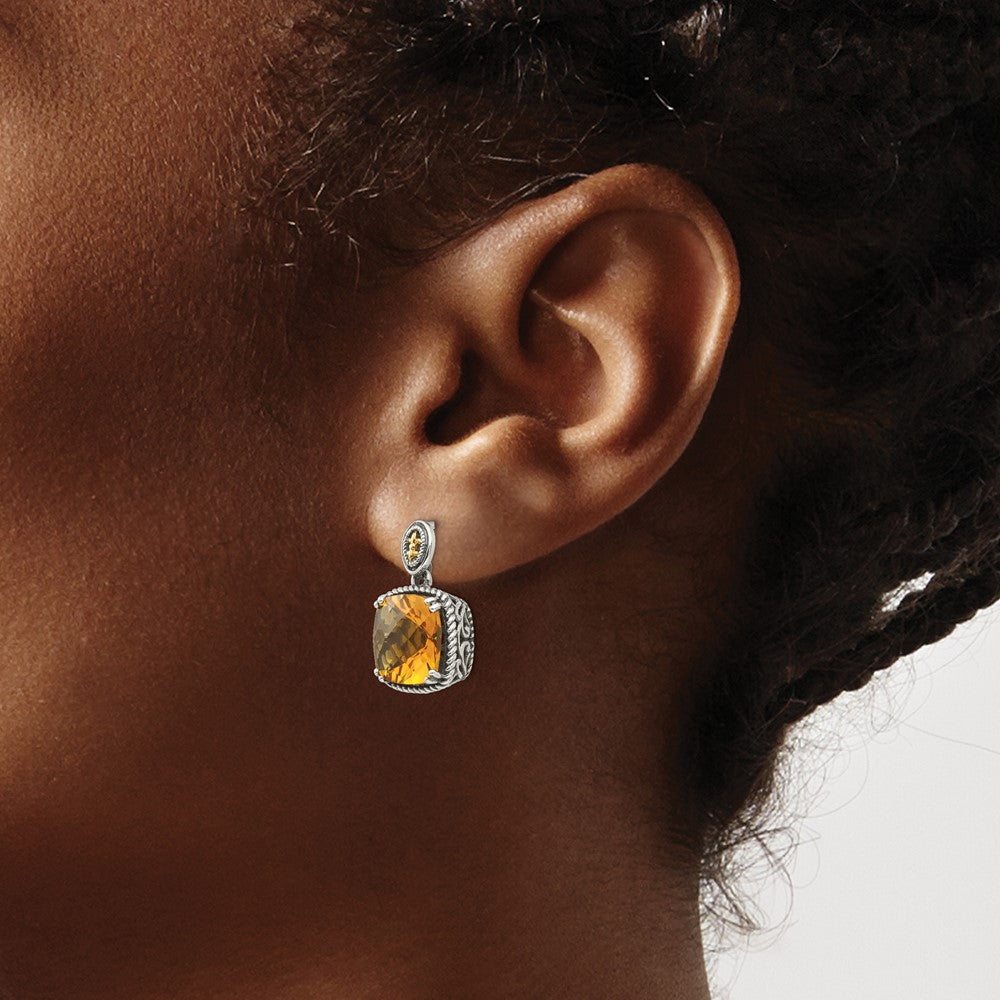 Shey Couture Sterling Silver with 14k Accent Antiqued Cushion Citrine Dangle Post Earrings