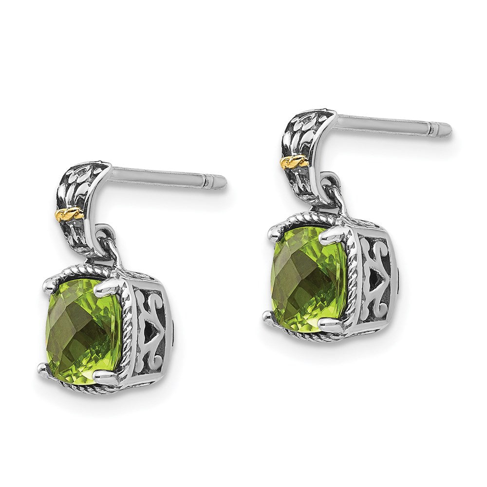 Shey Couture Sterling Silver with 14k Accent Antiqued Cushion Peridot Dangle Post Earrings
