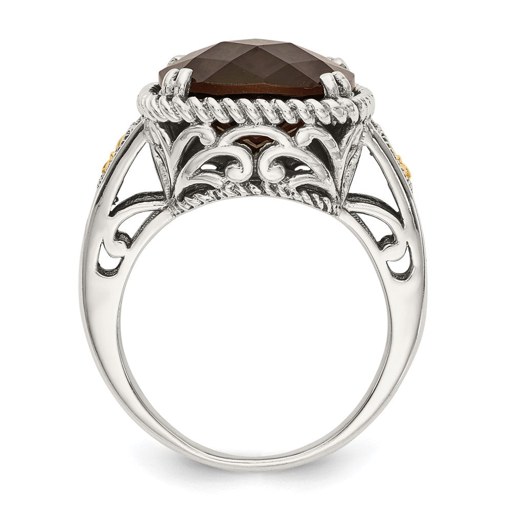 Shey Couture Sterling Silver with 14k Accent Antiqued Cushion Checkerboard Smoky Quartz Ring