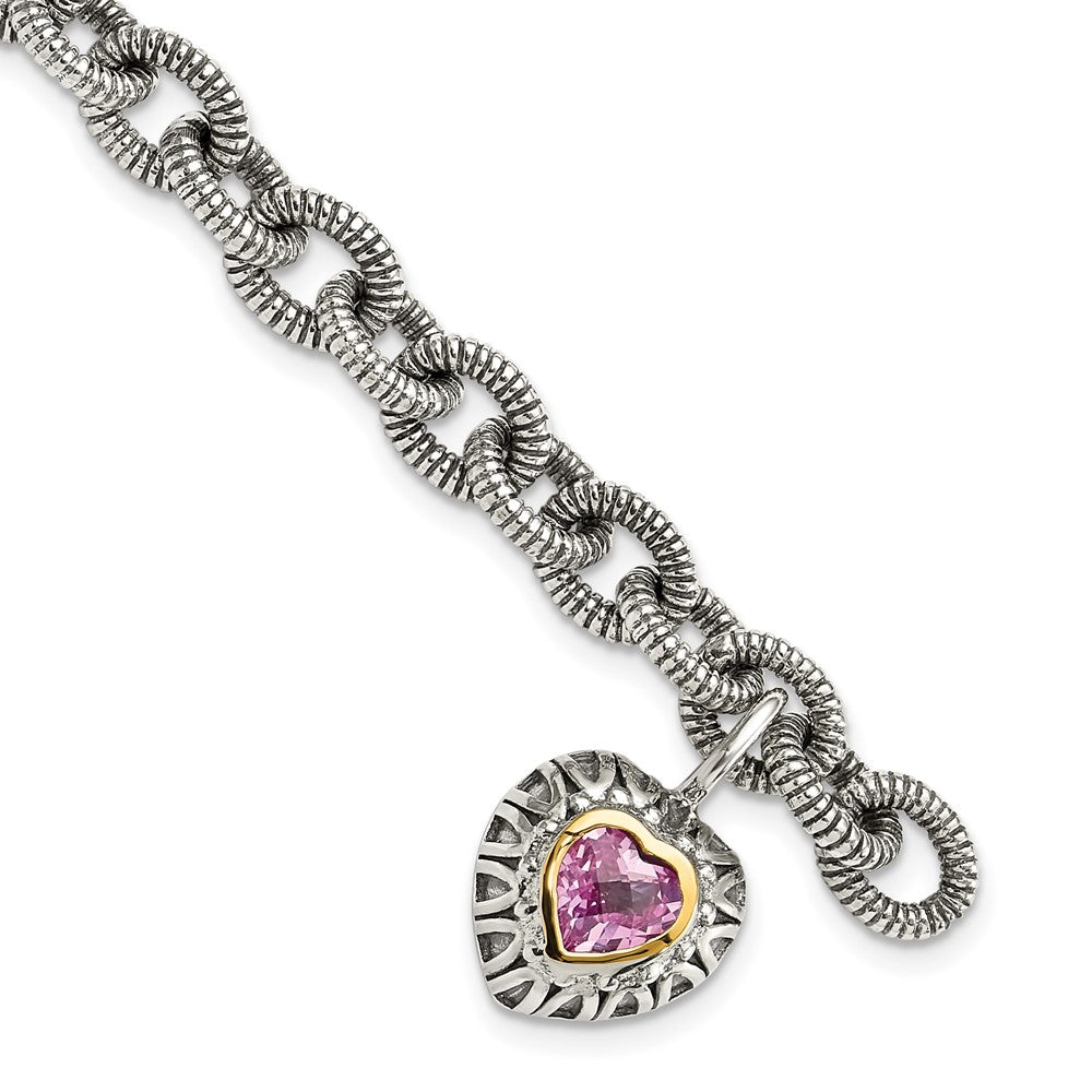 Shey Couture Sterling Silver with 14k Accent 7.5 Inch Antiqued Heart Bezel Created Pink Sapphire Heart Charm Bracelet