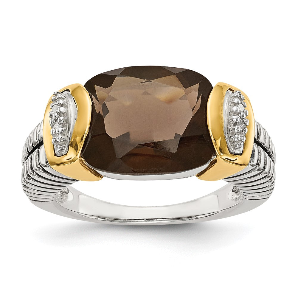 Shey Couture Sterling Silver with 14k Accent Antiqued Cushion Checkerboard Smoky Quartz & Diamond Ring