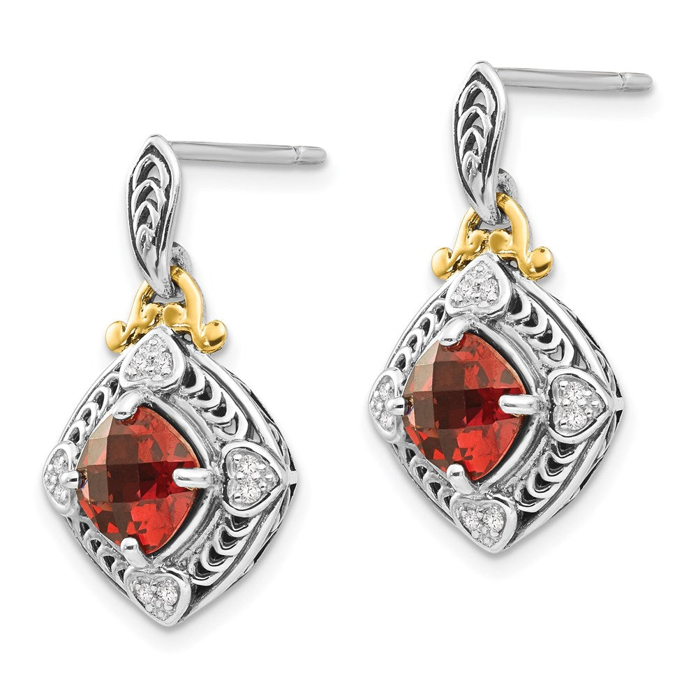 Shey Couture Sterling Silver with 14k Accent Antiqued Diamond & Cushion Garnet Post Dangle Earrings