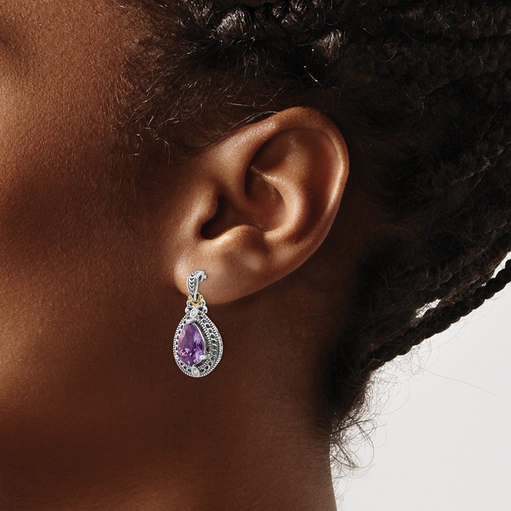 Shey Couture Sterling Silver with 14k Accent Antiqued Diamond & Pear Shaped Amethyst Earrings